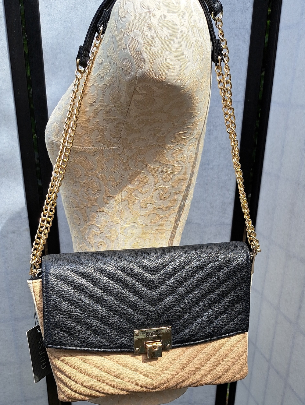 Guess Black and Beige Quilted Shoulder Bag with Gold Chain